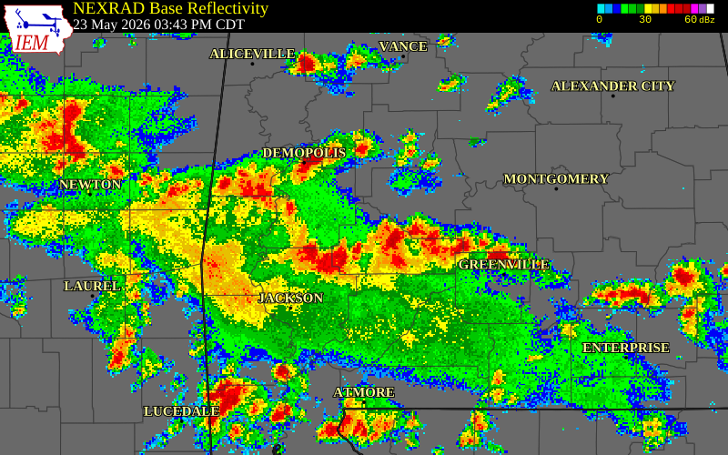 NEXRAD radar during the Saturday, May 23, 2026 storm activity in Wilcox County, Alabama