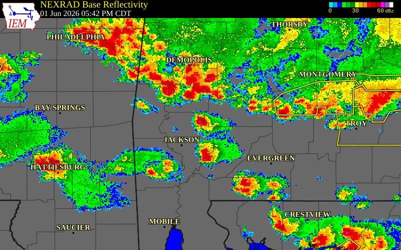 NEXRAD radar during the Monday, June 1, 2026 storm activity in Wilcox County, Alabama