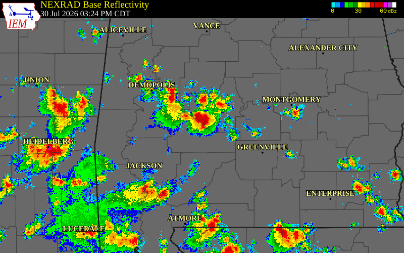 NEXRAD radar during the Thursday, July 30, 2026 storm activity in Wilcox County, Alabama
