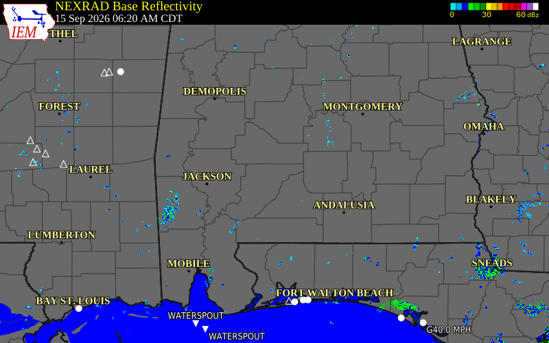 Current NEXRAD radar over Wilcox County, Alabama with recent storm report locations