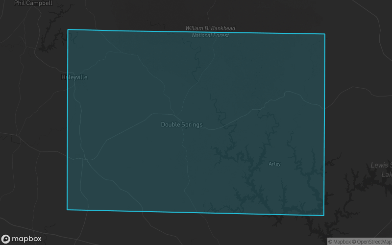Map of Winston County, Alabama showing the county boundary and surrounding cities
