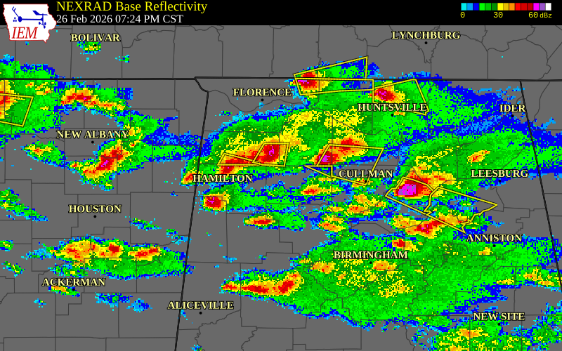 NEXRAD radar during the Thursday, February 26, 2026 storm activity in Winston County, Alabama