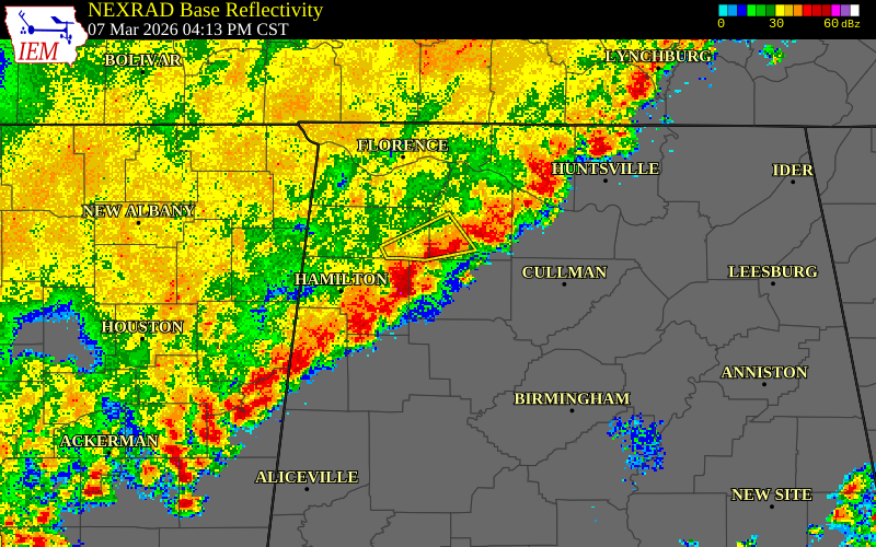 NEXRAD radar during the Saturday, March 7, 2026 storm activity in Winston County, Alabama