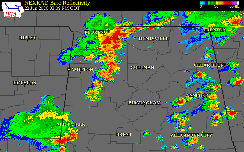 NEXRAD radar during the Monday, June 22, 2026 storm activity in Winston County, Alabama