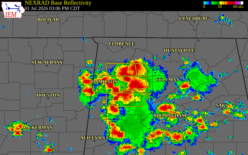NEXRAD radar during the Wednesday, July 1, 2026 storm activity in Winston County, Alabama