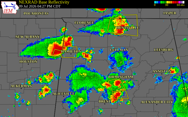 NEXRAD radar during the Thursday, July 9, 2026 storm activity in Winston County, Alabama