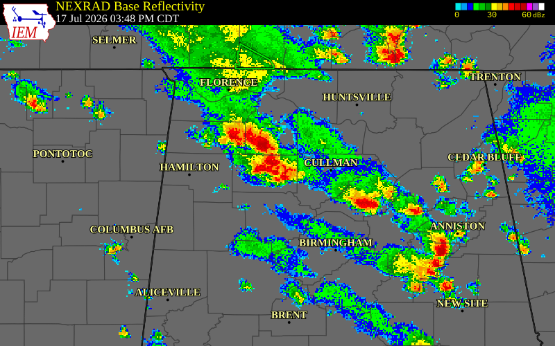 NEXRAD radar during the Friday, July 17, 2026 storm activity in Winston County, Alabama