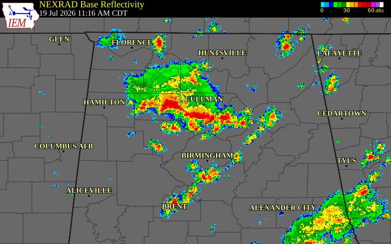 NEXRAD radar during the Sunday, July 19, 2026 storm activity in Winston County, Alabama