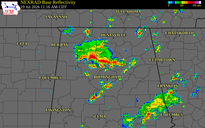 Radar snapshot during the Jul 19, 2026 wind event near Winston County, Winston County, Alabama, with NWS warning polygons
