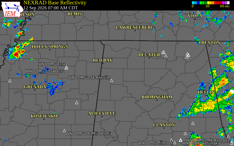 Current NEXRAD radar over Winston County, Alabama with recent storm report locations
