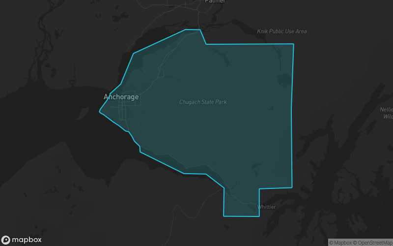 Map of Anchorage Borough, Alaska showing the county boundary and surrounding cities