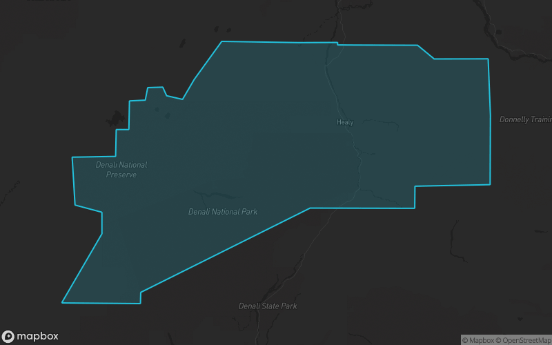 Map of Denali Borough, Alaska showing the county boundary and surrounding cities
