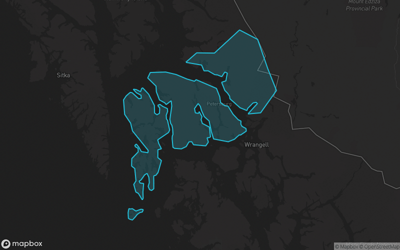 Map of Petersburg Borough, Alaska showing the county boundary and surrounding cities