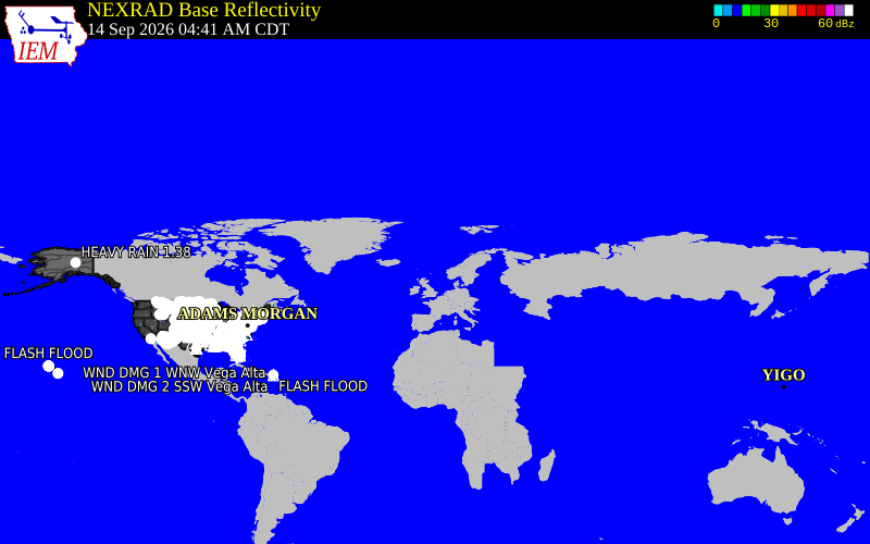 Current NEXRAD radar across Alaska with recent storm report locations