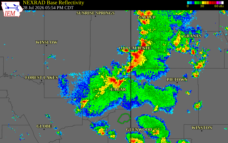 NEXRAD radar during the Tuesday, July 28, 2026 storm activity in Apache County, Arizona