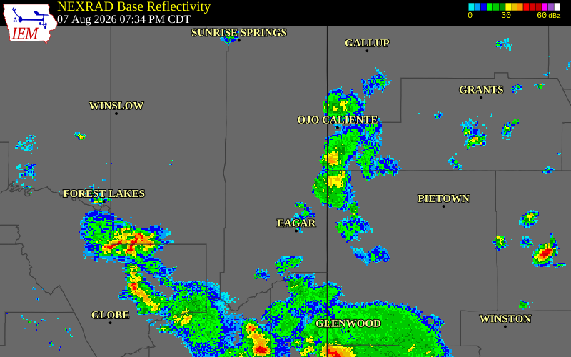 NEXRAD radar during the Friday, August 7, 2026 storm activity in Apache County, Arizona