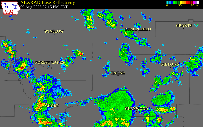 NEXRAD radar during the Sunday, August 9, 2026 storm activity in Apache County, Arizona