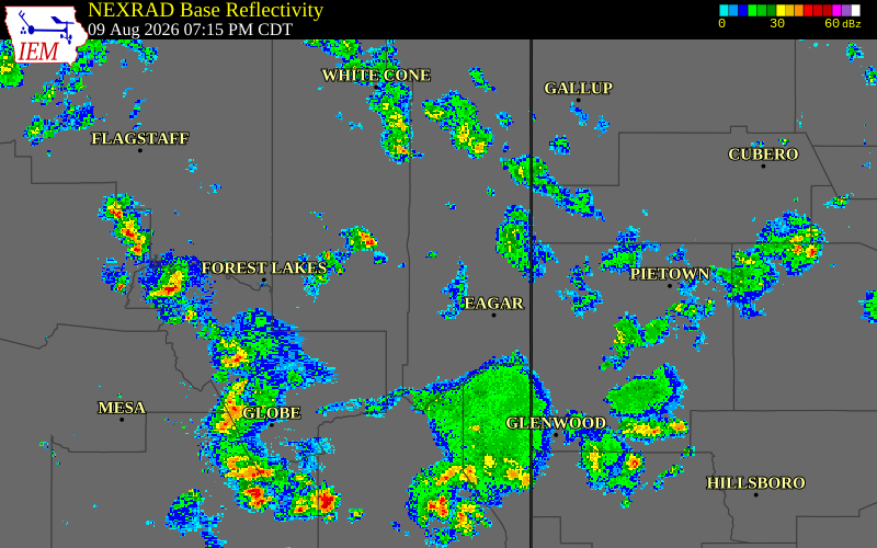Radar snapshot during the Aug 9, 2026 tornado event near 7 SSW Concho, Apache County, Arizona, with NWS warning polygons