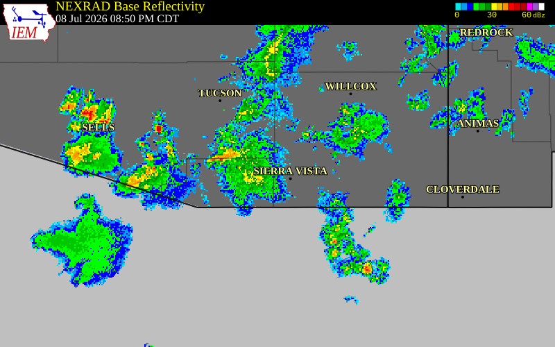 NEXRAD radar during the Wednesday, July 8, 2026 storm activity in Cochise County, Arizona