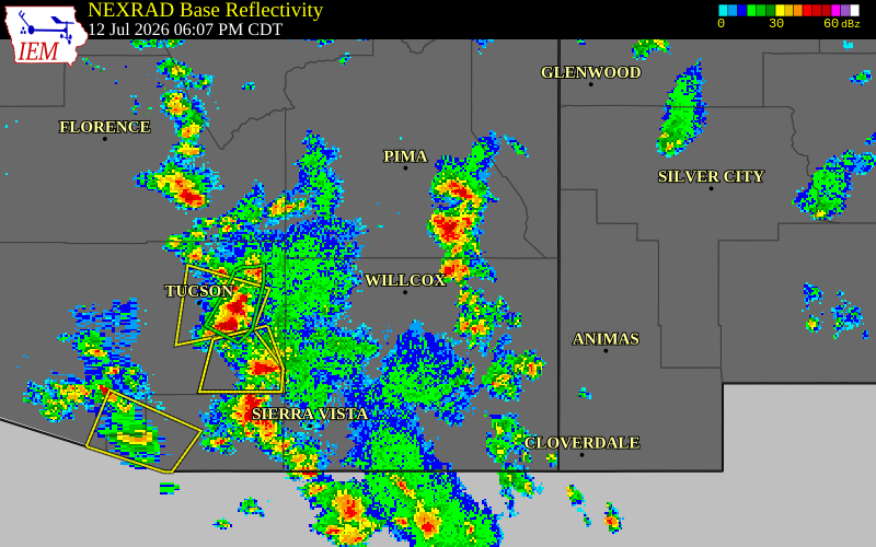 NEXRAD radar during the Sunday, July 12, 2026 storm activity in Cochise County, Arizona