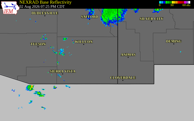 NEXRAD radar during the Sunday, August 2, 2026 storm activity in Cochise County, Arizona