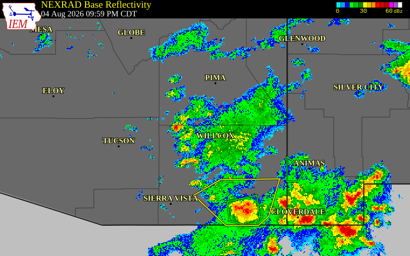 NEXRAD radar during the Tuesday, August 4, 2026 storm activity in Cochise County, Arizona