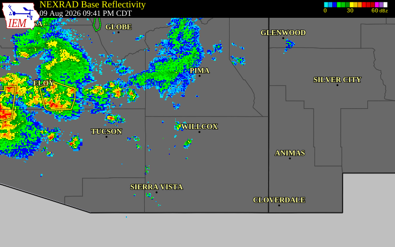 NEXRAD radar during the Sunday, August 9, 2026 storm activity in Cochise County, Arizona