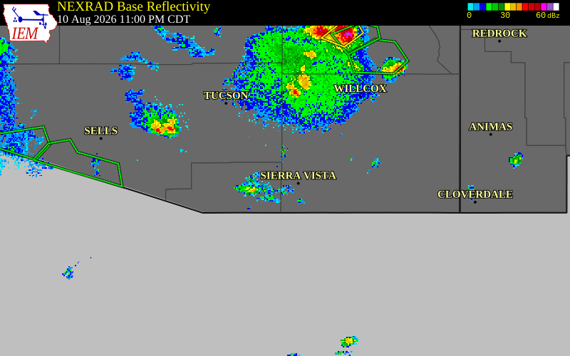 NEXRAD radar during the Monday, August 10, 2026 storm activity in Cochise County, Arizona