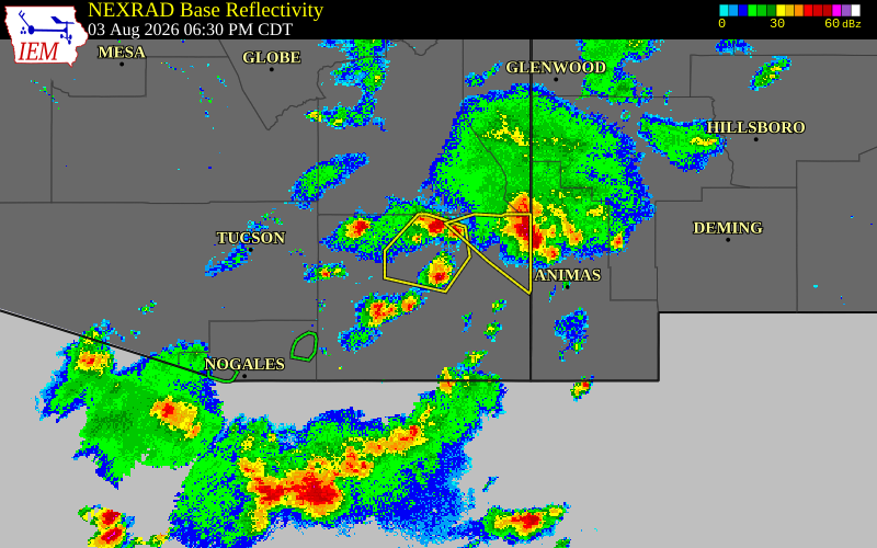 Radar snapshot during the Aug 3, 2026 wind event near 18 SE Willcox, Cochise County, Arizona, with NWS warning polygons