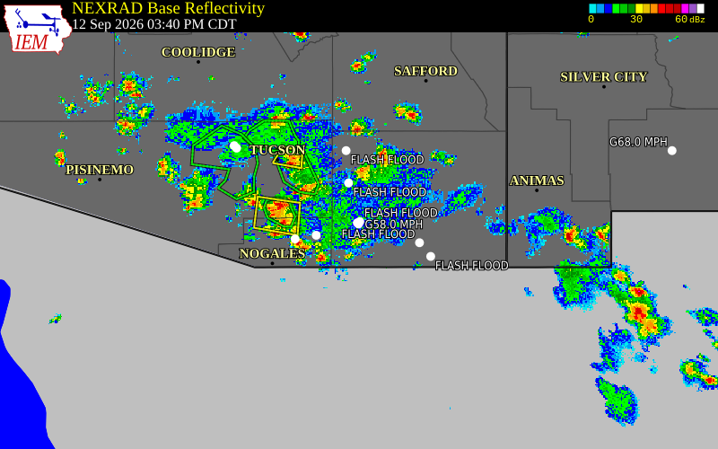 Current NEXRAD radar over Cochise County, Arizona with recent storm report locations