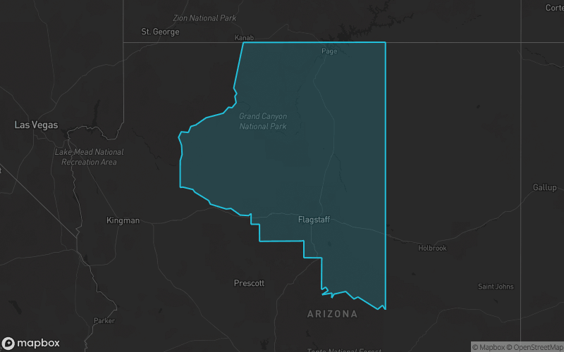 Map of Coconino County, Arizona showing the county boundary and surrounding cities