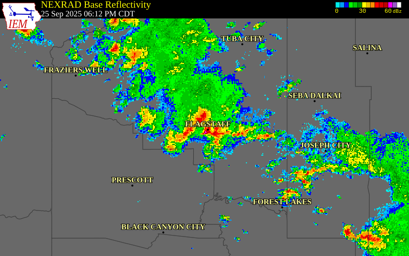 NEXRAD radar during the Thursday, September 25, 2025 storm activity in Coconino County, Arizona
