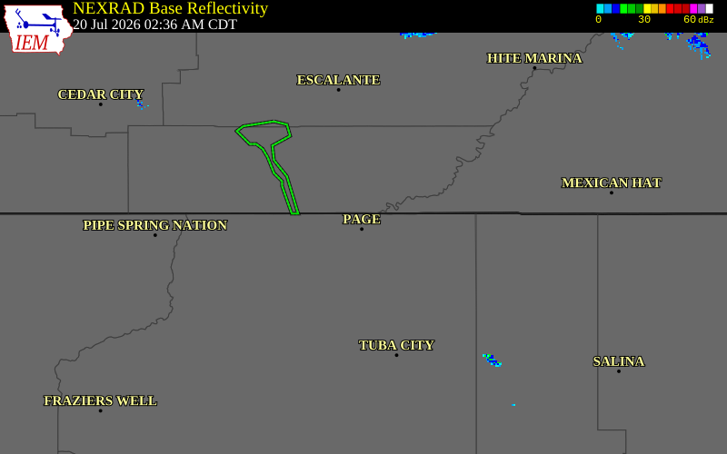 NEXRAD radar during the Monday, July 20, 2026 storm activity in Coconino County, Arizona