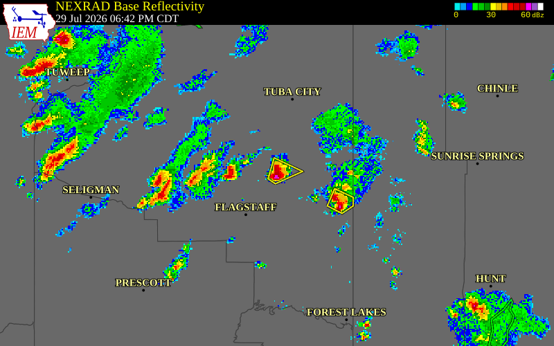 NEXRAD radar during the Wednesday, July 29, 2026 storm activity in Coconino County, Arizona