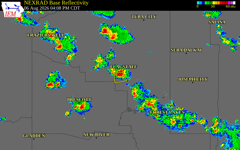NEXRAD radar during the Thursday, August 6, 2026 storm activity in Coconino County, Arizona
