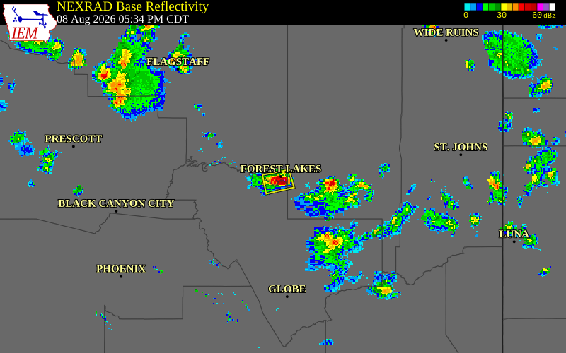 NEXRAD radar during the Saturday, August 8, 2026 storm activity in Coconino County, Arizona