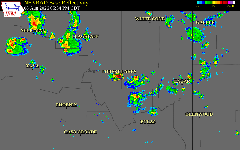 Radar snapshot during the Aug 8, 2026 hail event near 1 E Forest Lakes, Coconino County, Arizona, with NWS warning polygons