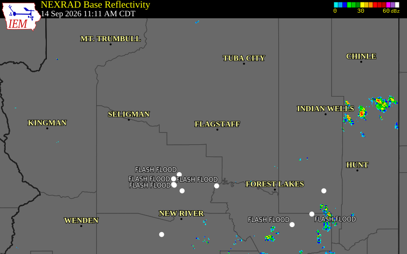 Current NEXRAD radar over Coconino County, Arizona with recent storm report locations