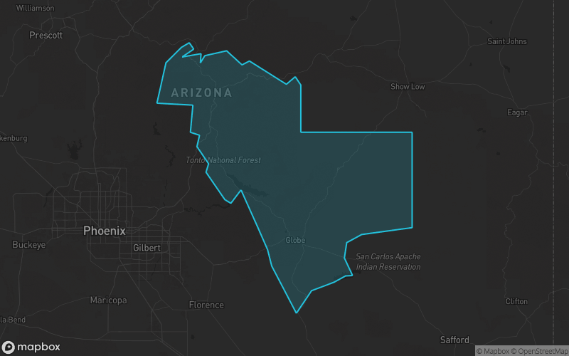 Map of Gila County, Arizona showing the county boundary and surrounding cities