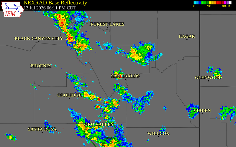 NEXRAD radar during the Monday, July 13, 2026 storm activity in Gila County, Arizona