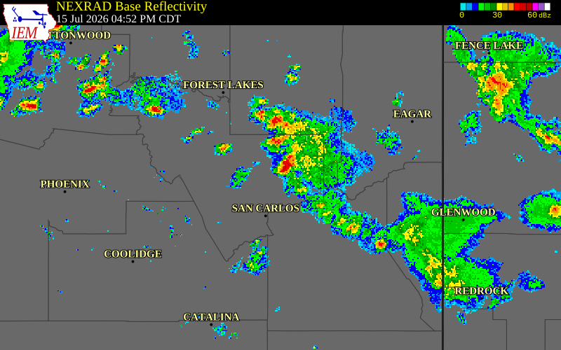 NEXRAD radar during the Wednesday, July 15, 2026 storm activity in Gila County, Arizona