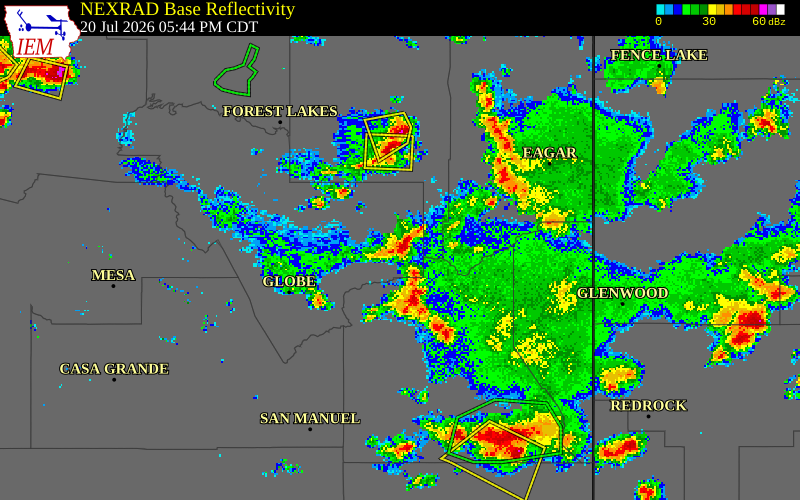 NEXRAD radar during the Monday, July 20, 2026 storm activity in Gila County, Arizona