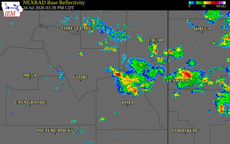 NEXRAD radar during the Friday, July 24, 2026 storm activity in Gila County, Arizona