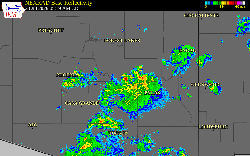 Radar snapshot during the Jul 28, 2026 wind event near Gila County, Gila County, Arizona, with NWS warning polygons