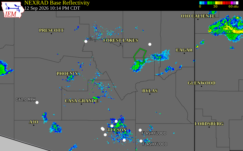 Current NEXRAD radar over Gila County, Arizona with recent storm report locations