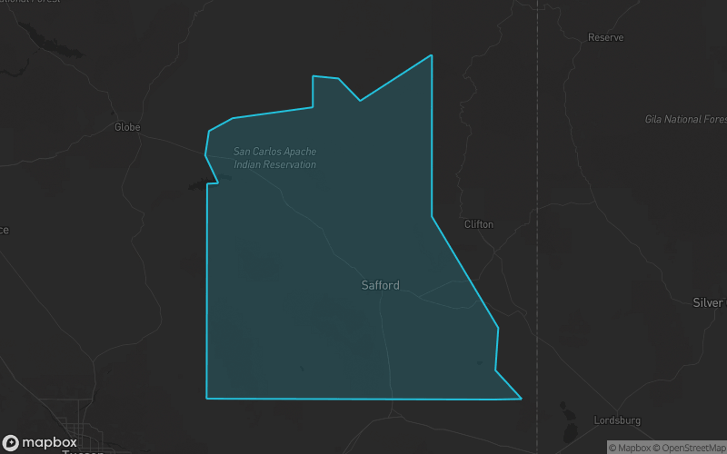 Map of Graham County, Arizona showing the county boundary and surrounding cities