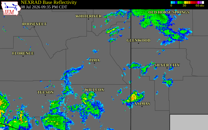 NEXRAD radar during the Wednesday, July 8, 2026 storm activity in Graham County, Arizona