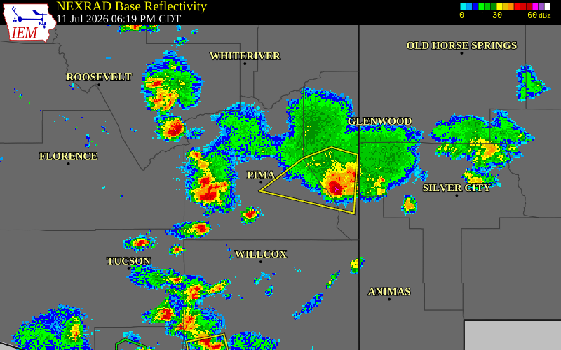 NEXRAD radar during the Saturday, July 11, 2026 storm activity in Graham County, Arizona