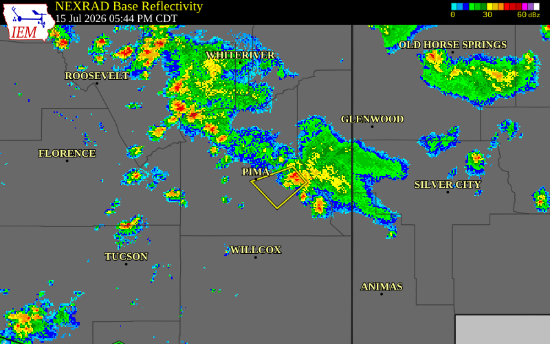 NEXRAD radar during the Wednesday, July 15, 2026 storm activity in Graham County, Arizona