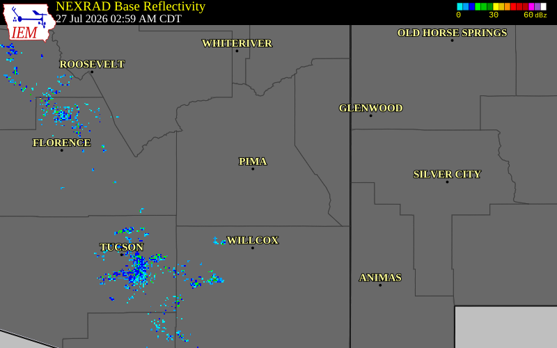 NEXRAD radar during the Monday, July 27, 2026 storm activity in Graham County, Arizona